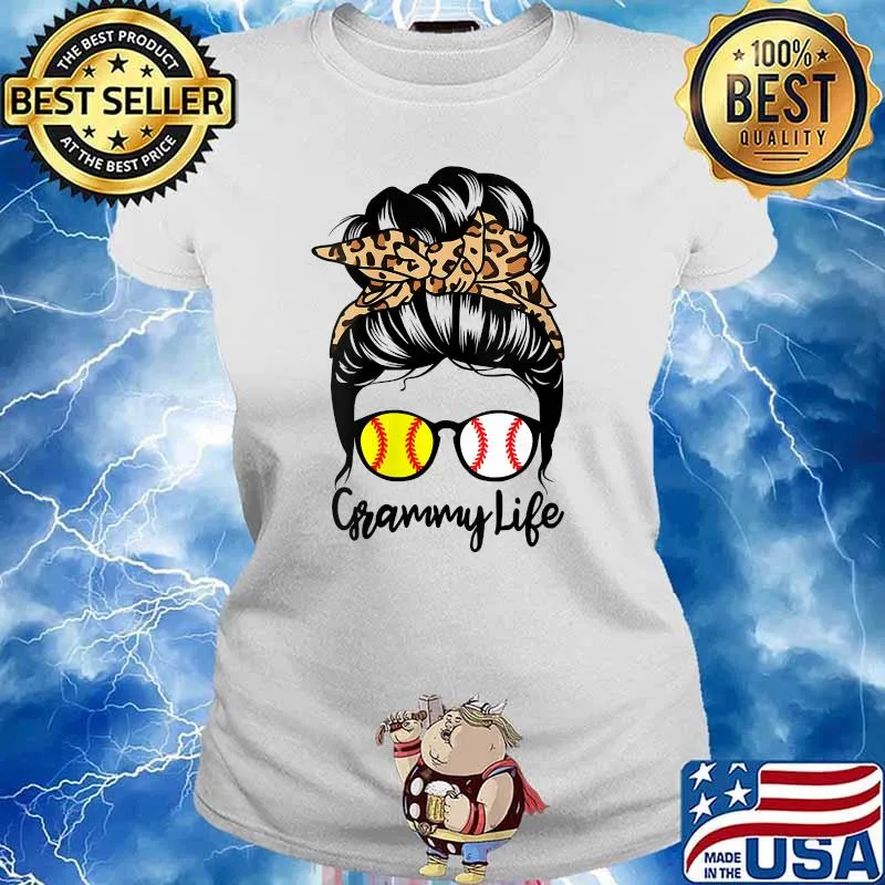 Grammy Life Messy Bun Hair Funny Baseball Softball Grammy T-Shirt Ladies tee