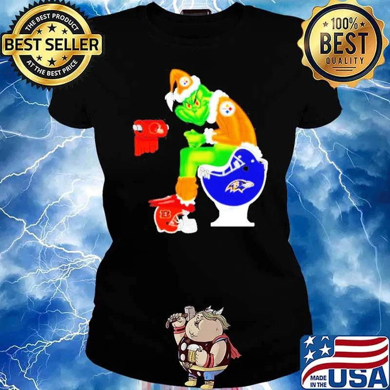 Grinch Santa Pittsburgh Steelers Sitting Baltimore Ravens Toilet Cleveland Browns Cincinnati Bengals 2021 s Ladies tee