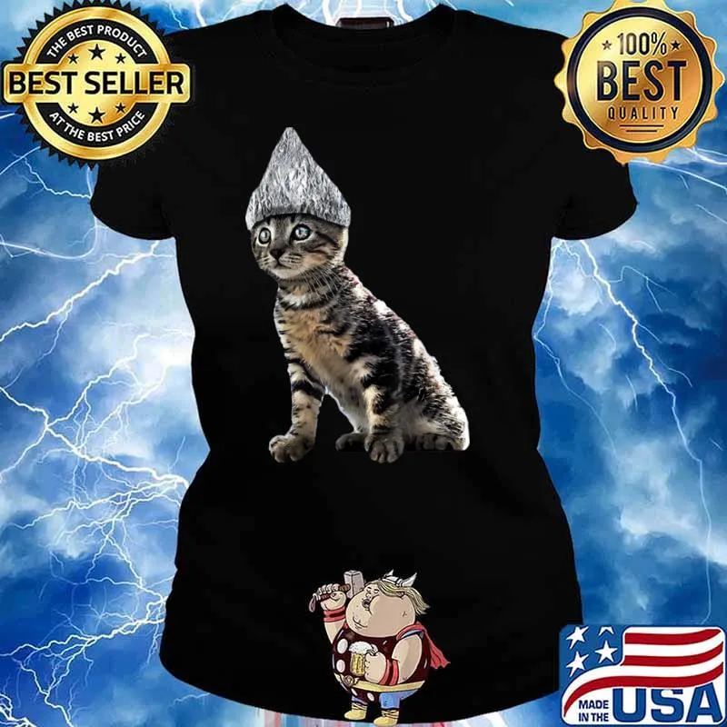 Halloween Cat Tin Foil Hat Shirt Ladies tee