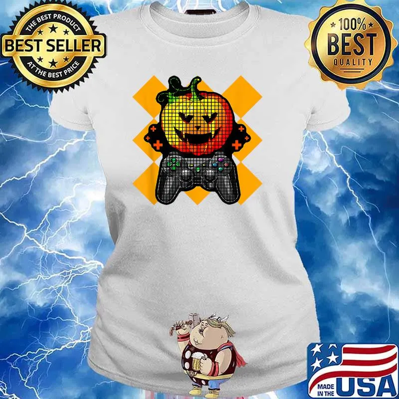 Halloween Pumpkin Gamer Boys Graphic Costume Orange Spooky T-Shirt Ladies tee