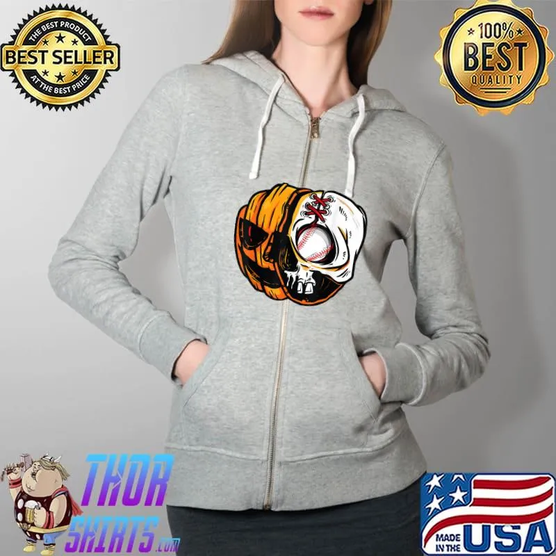 Halloween Pumpkin Skeleton Skull Baseball Player Costume T-Shirt Full Zip Hooded