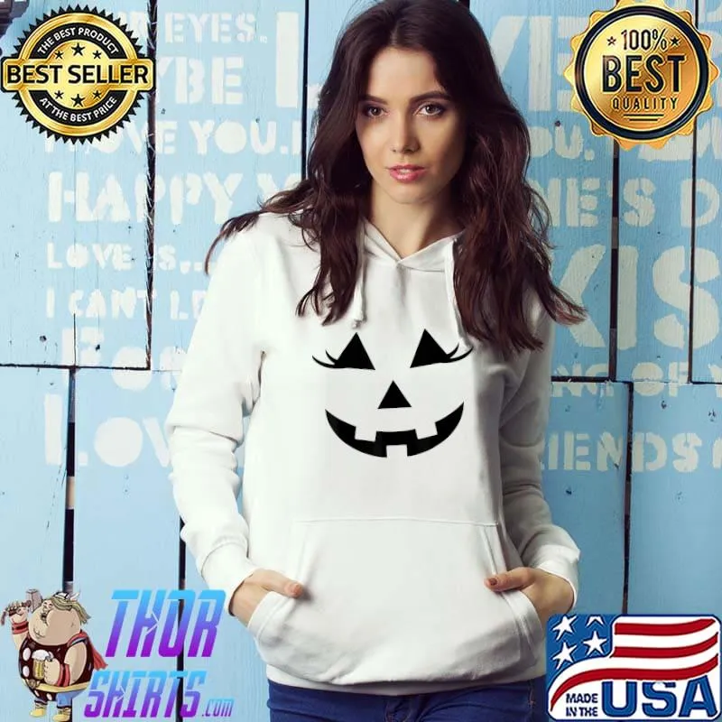 Halloween Smiling Pumpkin Jack-o-Lantern Eyelashes Face T-Shirt Hoodie