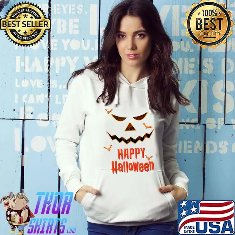 Happy Halloween Costume with Pumpkin Face & Bats T-Shirt Hoodie