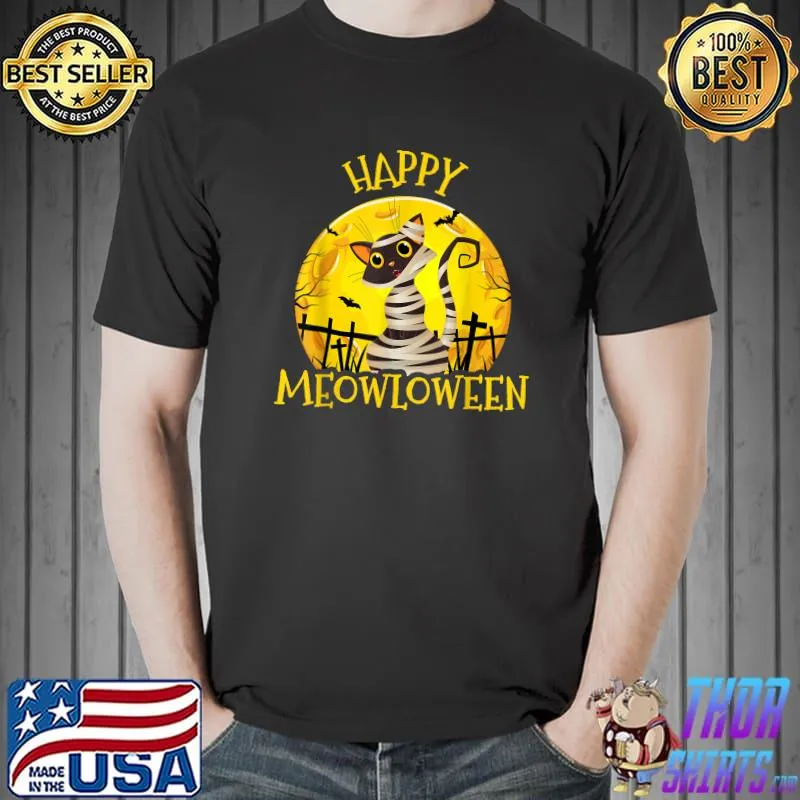 Happy Meowloween Funny Mummy Black Cat Halloween T-Shirt Unisex