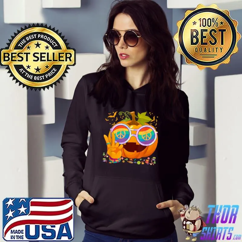 Hippie Halloween Pumpkin Peace Sign Hand Sunglasses Tie Dye T-Shirt