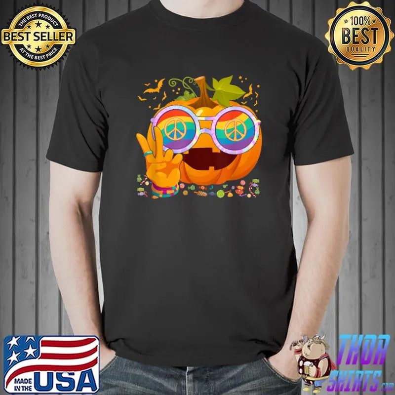 Hippie Halloween Pumpkin Peace Sign Hand Sunglasses Tie Dye T-Shirt Unisex