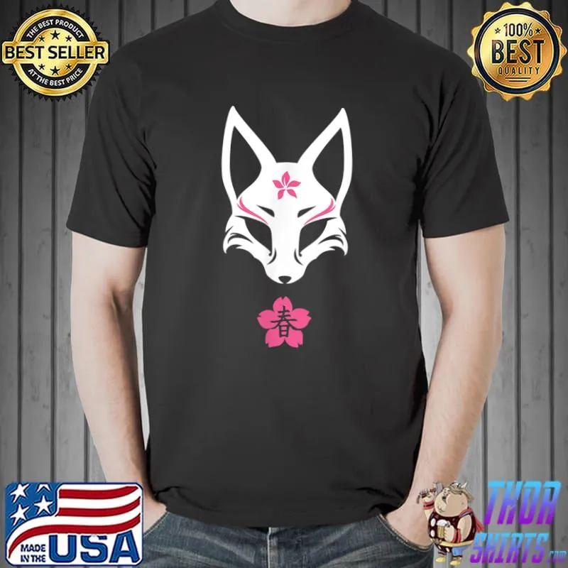 Japanese Kitsune Fox Mask Pink Spring Aesthetic Design T-Shirt
