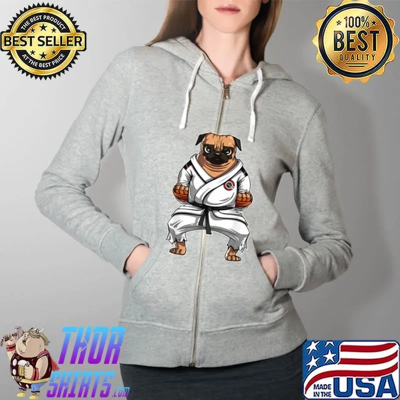 Karate Martial Arts Taekwondo Cute Pug Dog Fighter White T-Shirt Full Zip Hooded