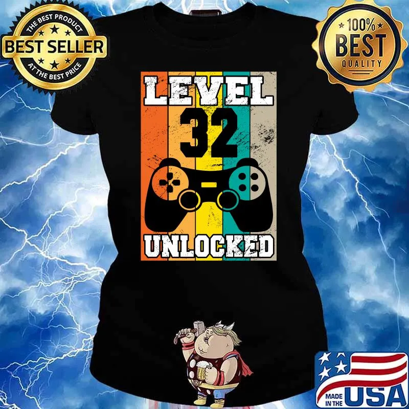 level 32 unlocked 32 Years Old retro 80s 32nd Birthday gamer T-s Ladies tee