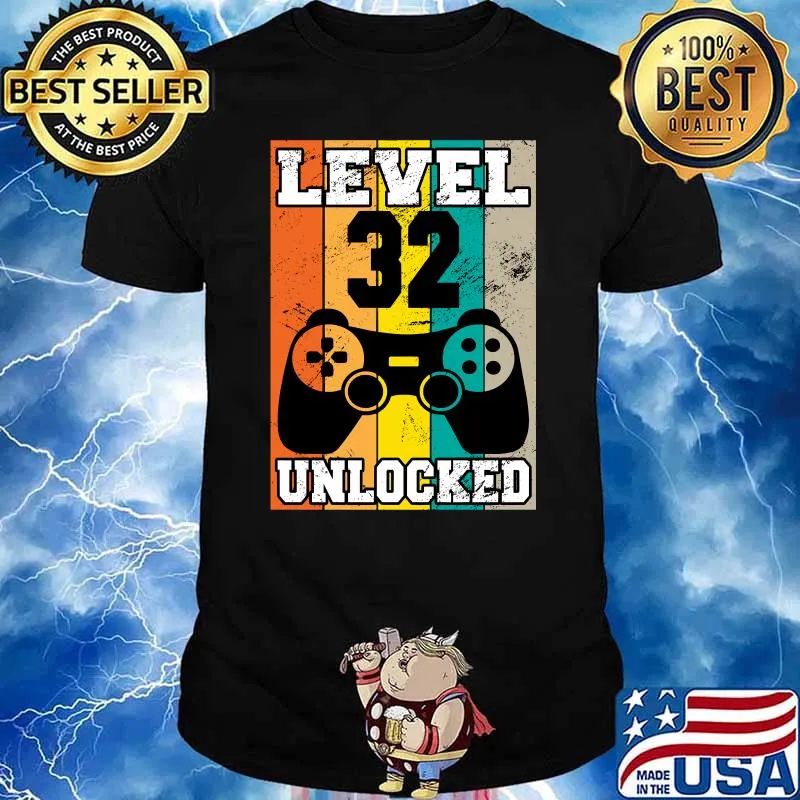 level 32 unlocked 32 Years Old retro 80s 32nd Birthday gamer T-shirt