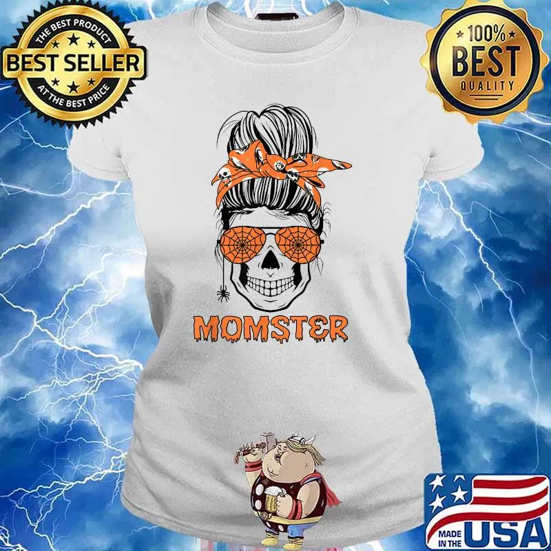 Momster Halloween Costume Skull Mom Messy Hair Bun T-Shirt Ladies tee