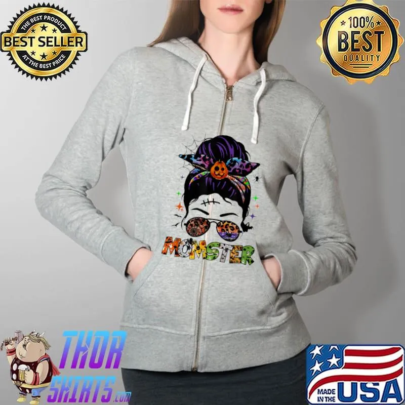 Momster Halloween Funny Mom Messy Hair Bun Momster Gift T-Shirt Full Zip Hooded