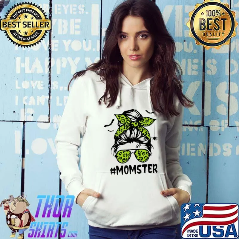 Momster Shirt for Women Halloween Mom Messy Bun Leopard T-Shirt Hoodie