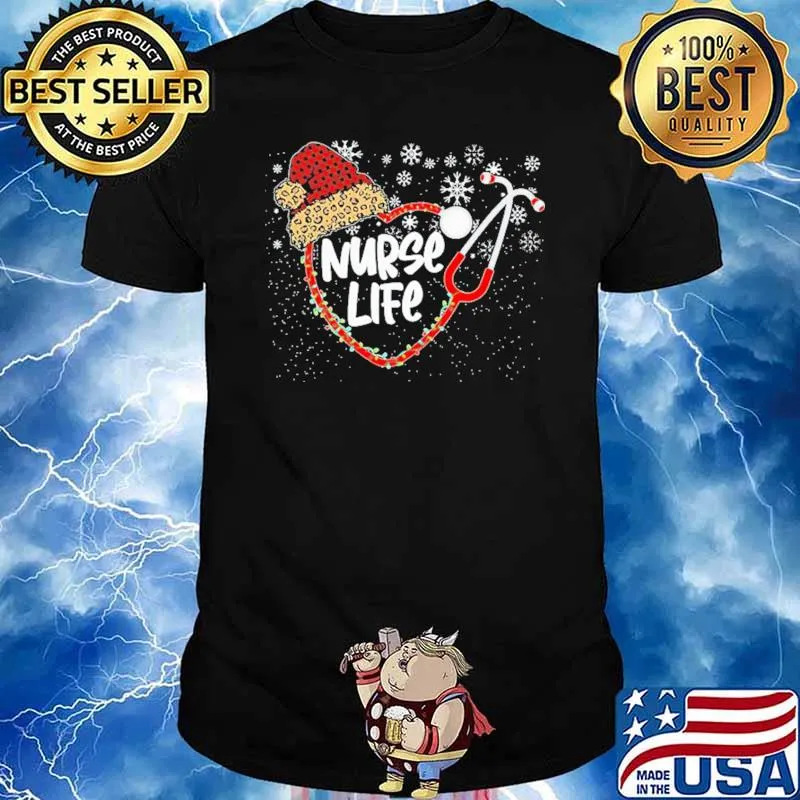 Nurse Life Medical Stethoscope Leopard Christmas Hat Heart Shirt