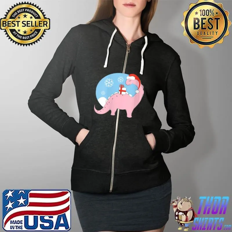 Pink Dinosaur Christmas Santa Hat Dino Holiday Girl Dinosaur T-Shirt Full Zip Hooded
