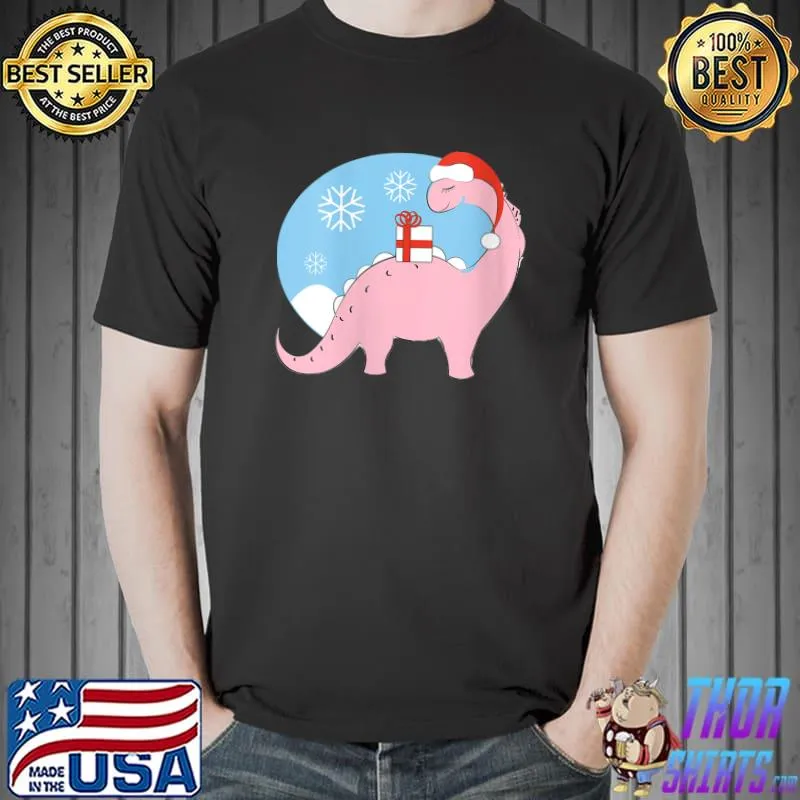 Pink Dinosaur Christmas Santa Hat Dino Holiday Girl Dinosaur T-Shirt Unisex