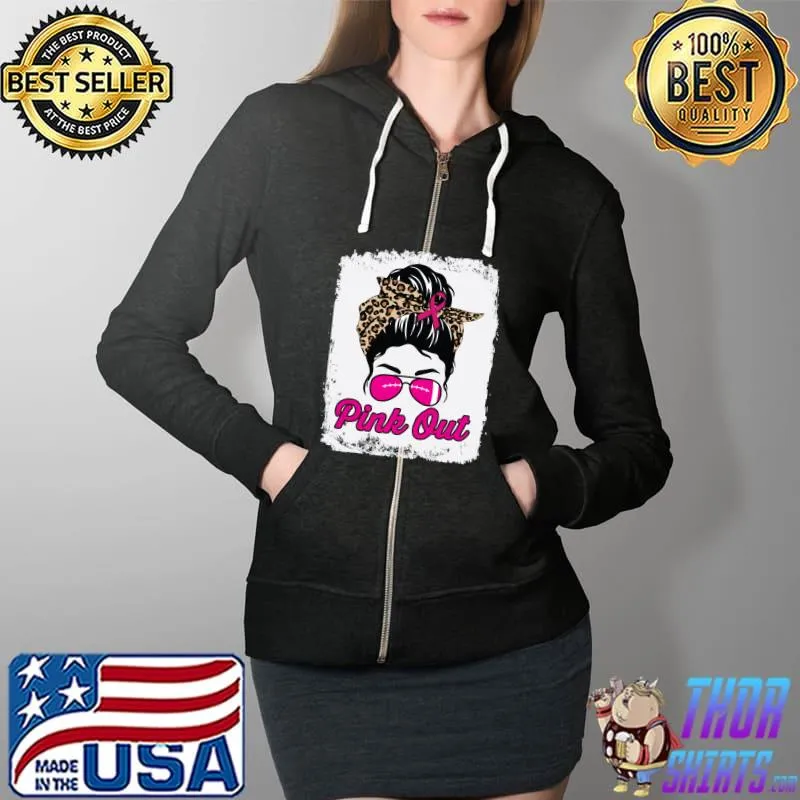 Pink Out Football Mom Messy Bun Pink Breast Cancer Bleached T-s Full Zip Hooded
