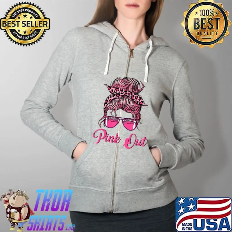 Pink Out Football Mom Messy Bun Pink Breast Cancer T-Shirt Full Zip Hooded