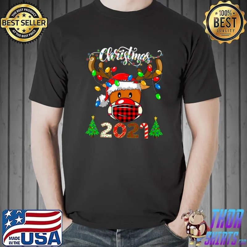 Rudolph Reindeer Mask Plaid Matching Family Christmas 2021 T-Shirt