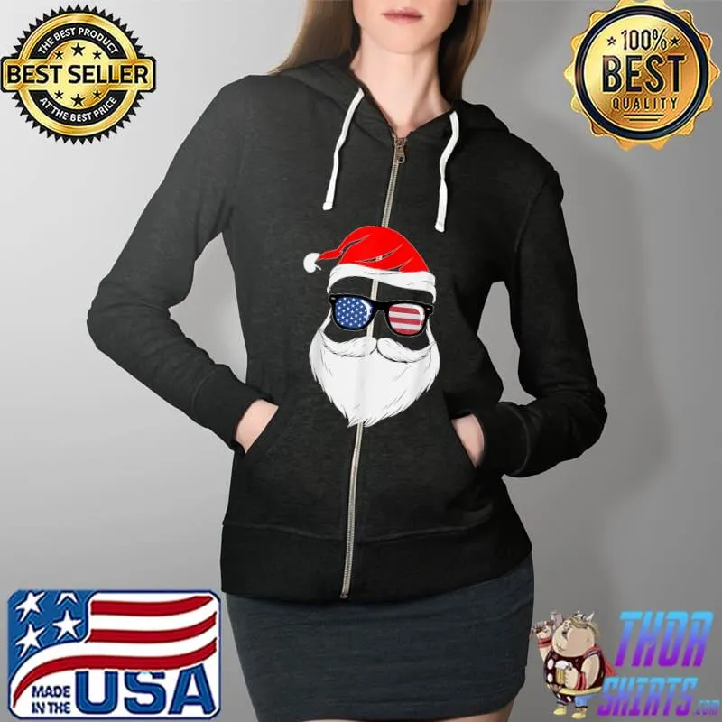Santa With American Sunglasses Christmas Pajamas For Family T-Shirt Full Zip Hooded