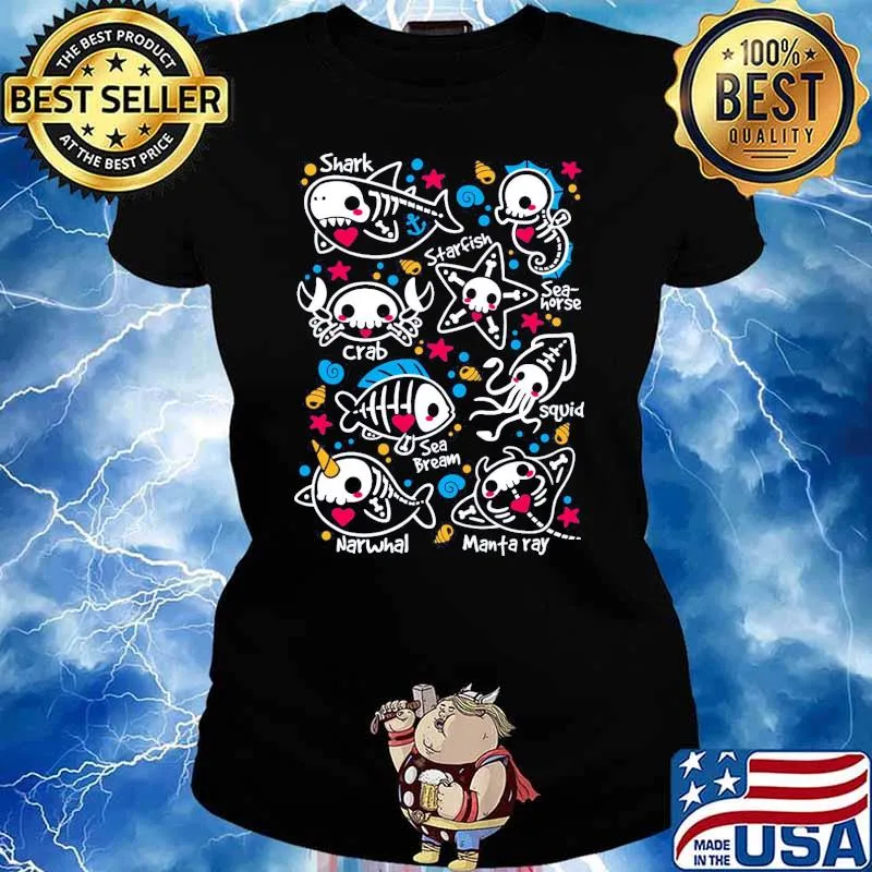 Sea Skeletons Shark Starfish Crab Sea Bream Squid Man Fa Ray s Ladies tee