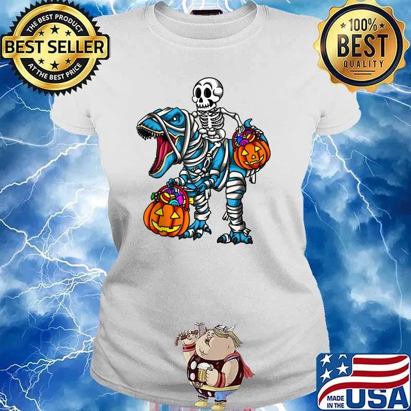 Skeleton Riding Mummy Dinosaur T rex Halloween Pumpkin T-Shirt Ladies tee