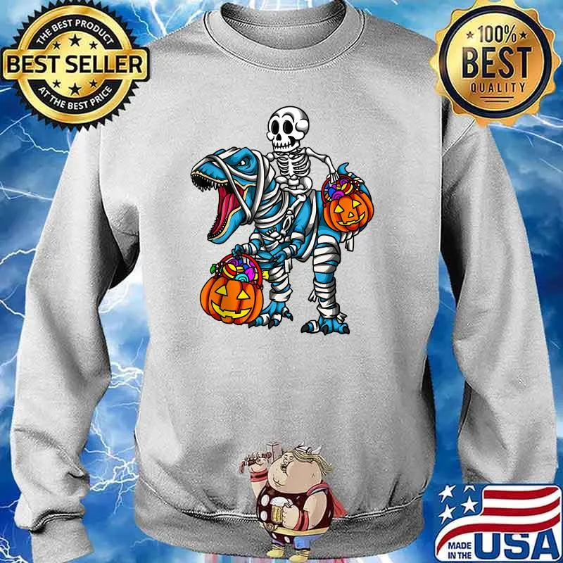 Skeleton Riding Mummy Dinosaur T rex Halloween Pumpkin T-Shirt Sweater