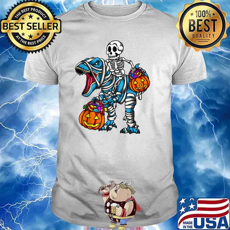 Skeleton Riding Mummy Dinosaur T rex Halloween Pumpkin T-Shirt