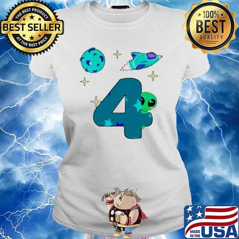 Spaceship Planet And Baby Alien Boys 4th Birthday s Ladies tee