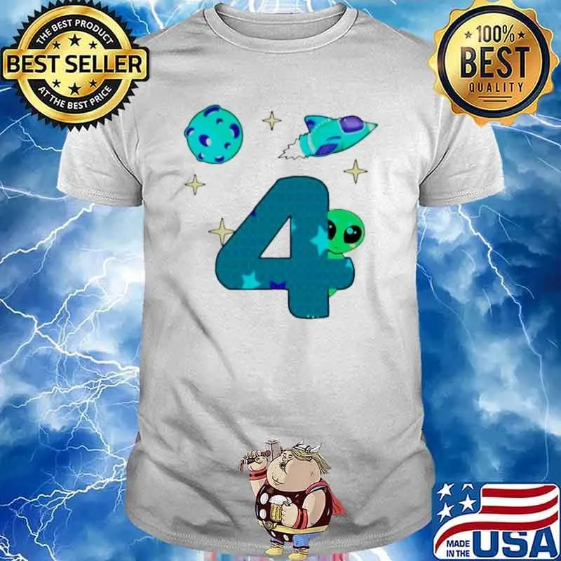 Spaceship Planet And Baby Alien Boys 4th Birthday shirt