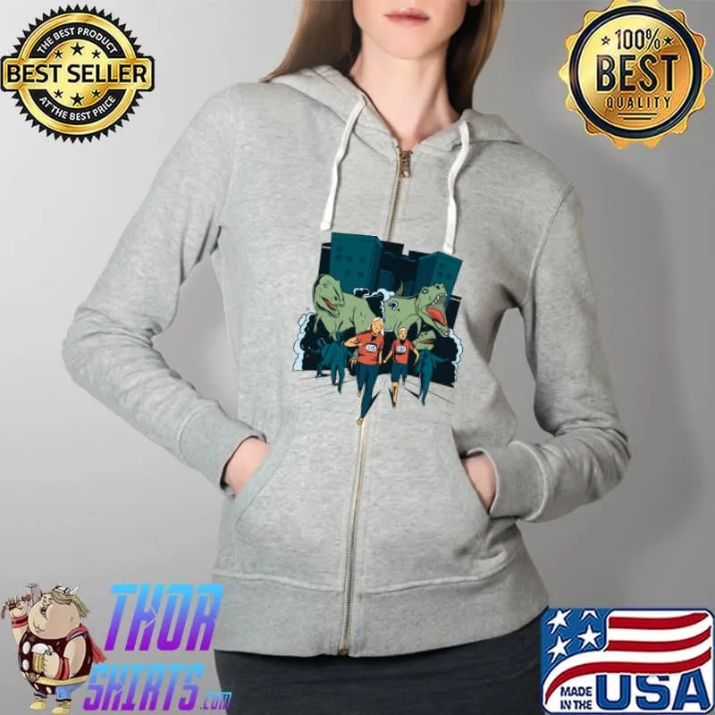 T-rex Runners a funny illustration of a pair of runners running from a couple T-rex T-Shirt Full Zip Hooded