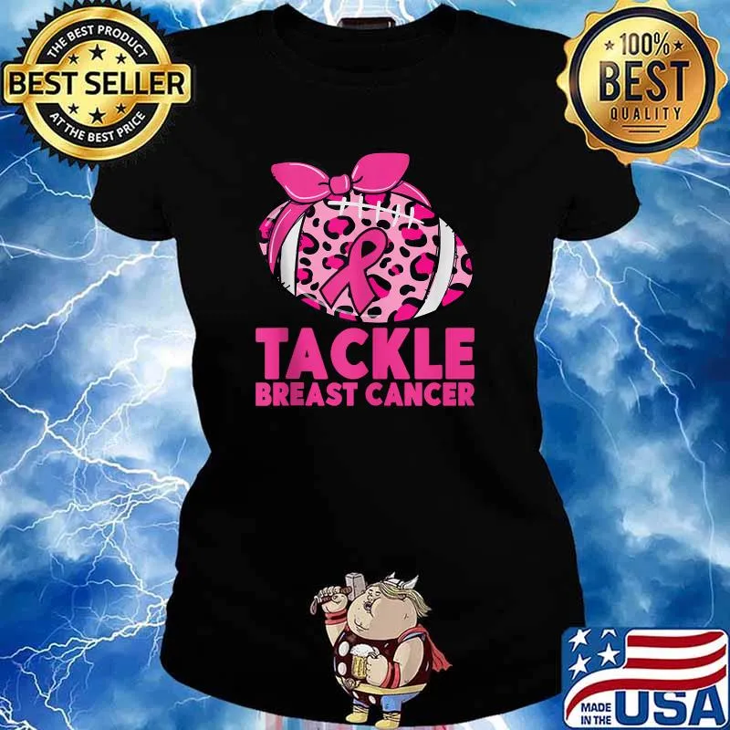 Tackle Breast Cancer Awareness Pink Ribbon Leopard Football T-Shirt Ladies tee
