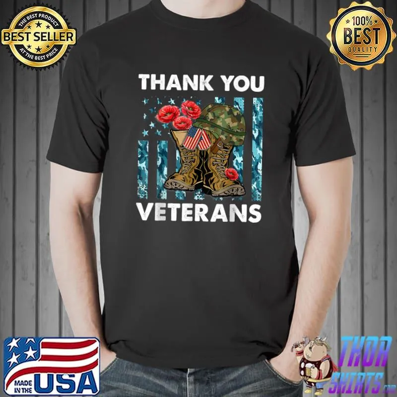 Thank you veterans combat boots poppy flower veteran day T-Shirt