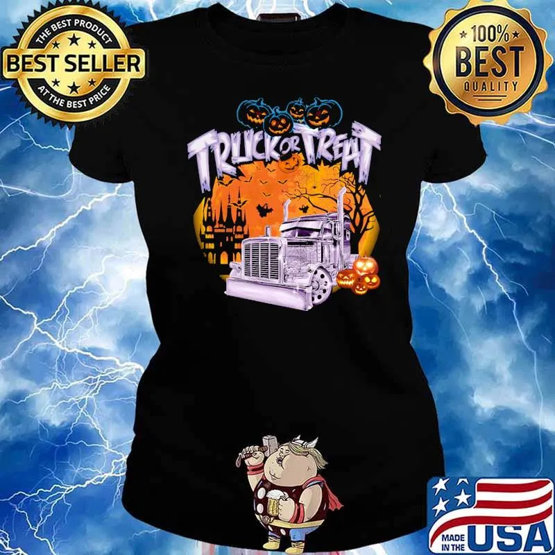 Truck or treat trucker pumpkin scary blood moon halloween s Ladies tee