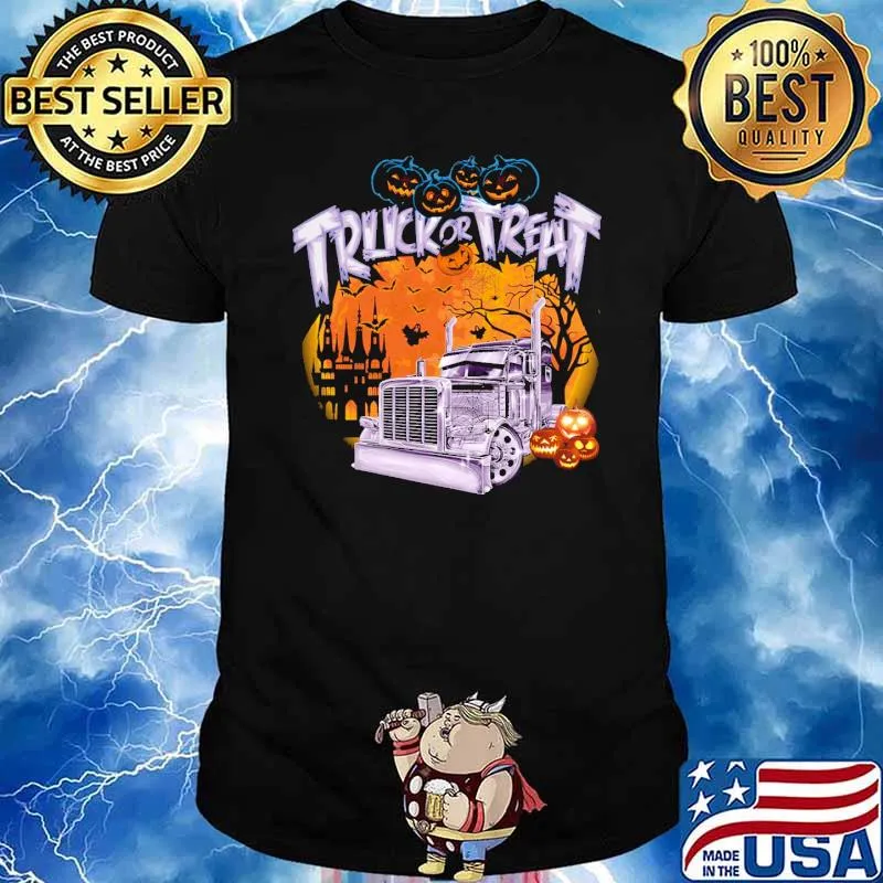 Truck or treat trucker pumpkin scary blood moon halloween shirt