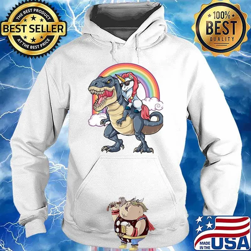 Unicorn Riding Dinosaur T Shirt T-Rex Funny Unicorns Party Rainbow Squad Gifts for Kids Boys Girls E Hoodie