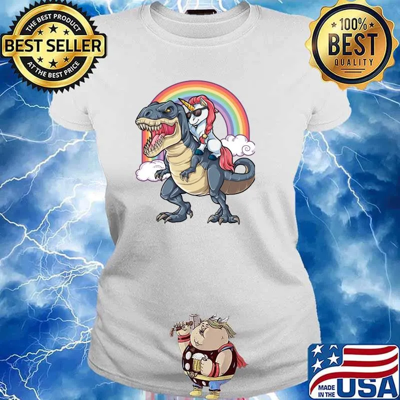 Unicorn Riding Dinosaur T Shirt T-Rex Funny Unicorns Party Rainbow Squad Gifts for Kids Boys Girls E Ladies tee