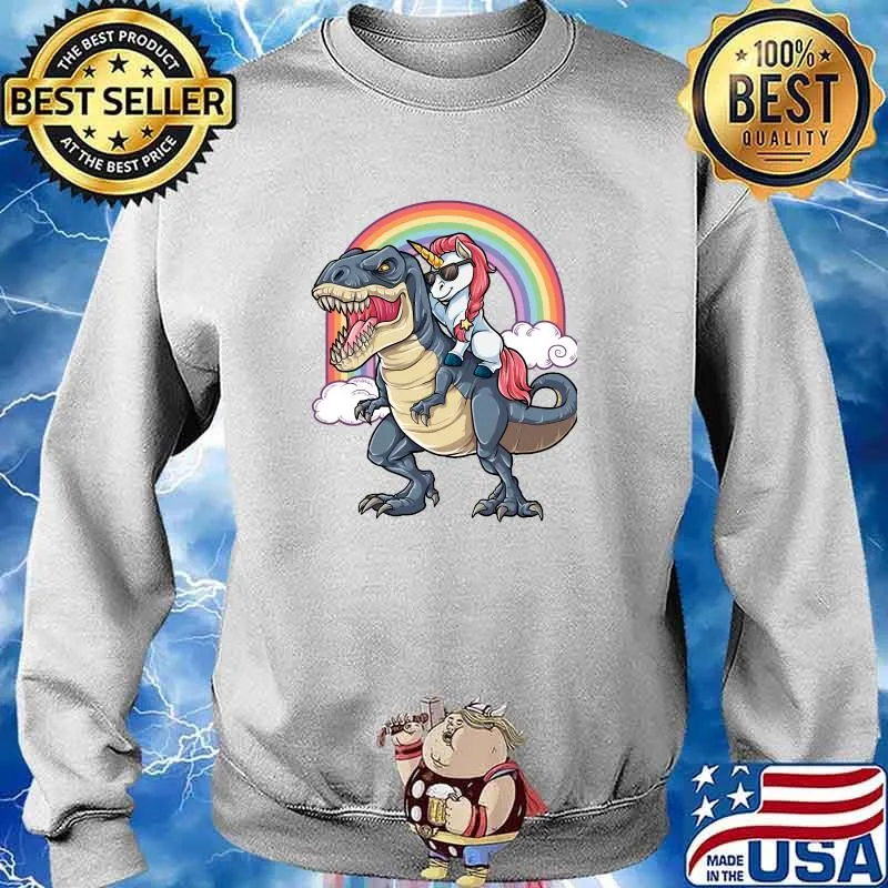 Unicorn Riding Dinosaur T Shirt T-Rex Funny Unicorns Party Rainbow Squad Gifts for Kids Boys Girls E Sweater