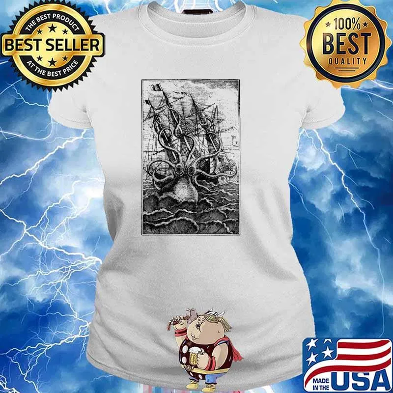 Vintage Kraken attacking ship illustration Classic T-Shirt Ladies tee