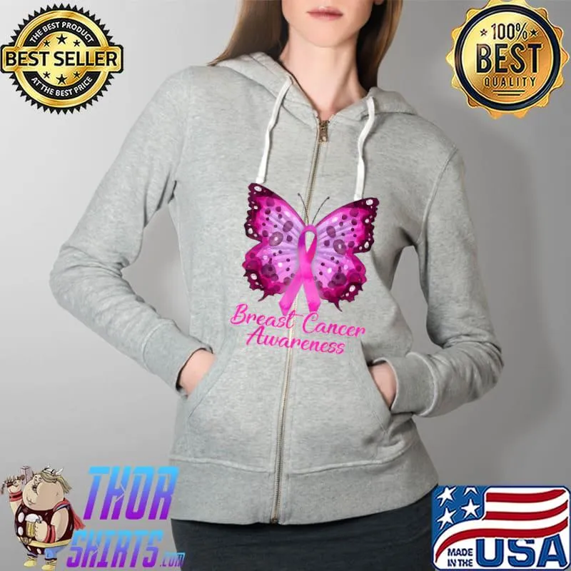 We Wear Pink Breast Cancer Awareness Pink Butterfly T-Shirt Full Zip Hooded