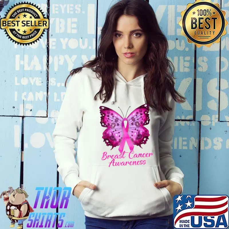 We Wear Pink Breast Cancer Awareness Pink Butterfly T-Shirt Hoodie