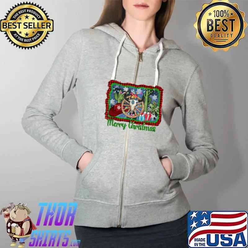 Western Wooden Wheel Bull Skull Christmas T-Shirt Full Zip Hooded