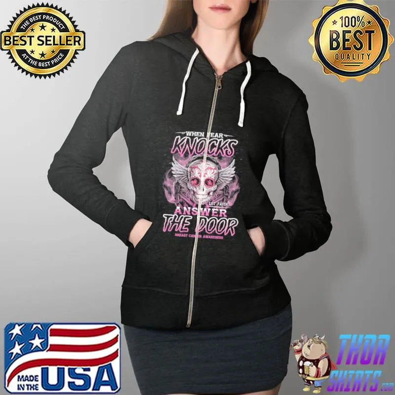 When fear knocks let faith answer the door breast cancer awareness angel skull sugar s Full Zip Hooded