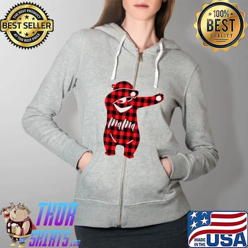 Womens Red Plaid Dabbing Mama Bear Pajama Christmas Themed T-Shirt Full Zip Hooded
