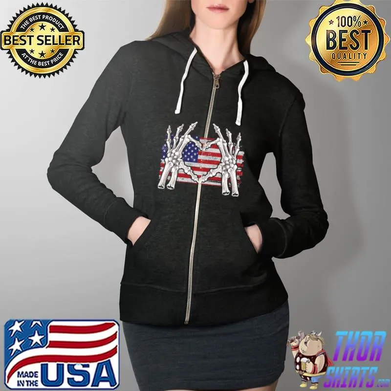 4th Of July skeleton hand heart US American Flag Patriotic T-Shirt Full Zip Hooded