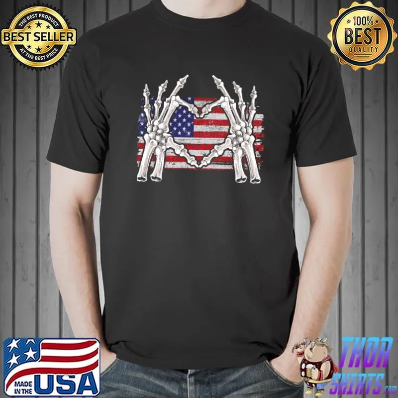 4th Of July skeleton hand heart US American Flag Patriotic T-Shirt Unisex