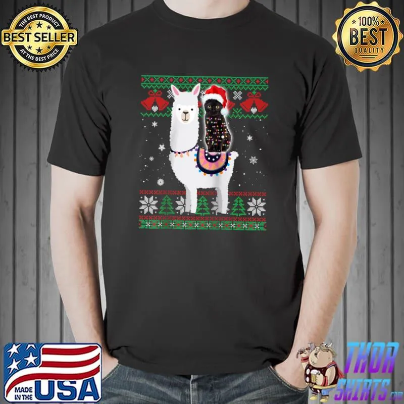 Awesome black Cat Riding Llama Christmas light and Santa hat T-s Unisex