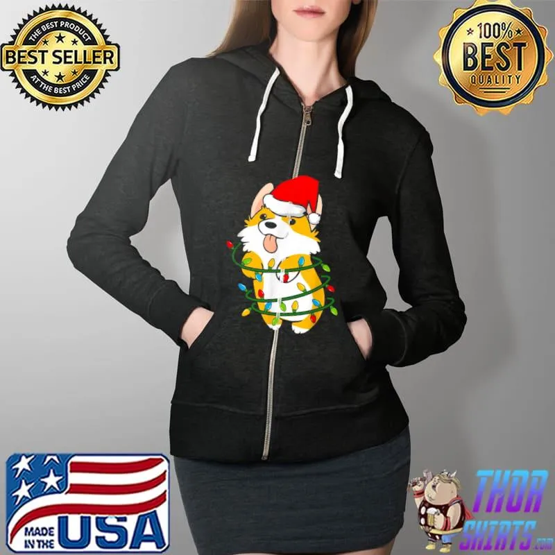 Awesome Corgi Dog Santa Christmas Tree Lights Puppy Xmas Shirt Full Zip Hooded