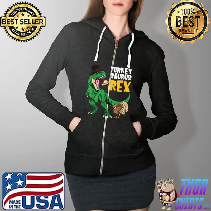 Awesome Kids Dinosaur Thanksgiving 2021 Boys Turkey Saurus REX T Shirt Full Zip Hooded