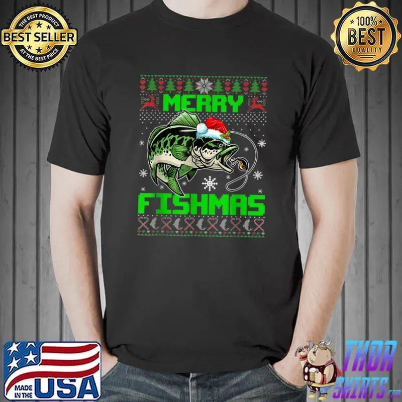 Awesome Merry Fishmas Ugly Christmas Sweater Fishing Fisherman Santa T-Shirt Unisex
